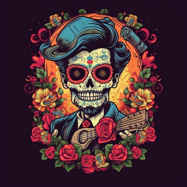 a skull with a woman playing a guitar and flowers.