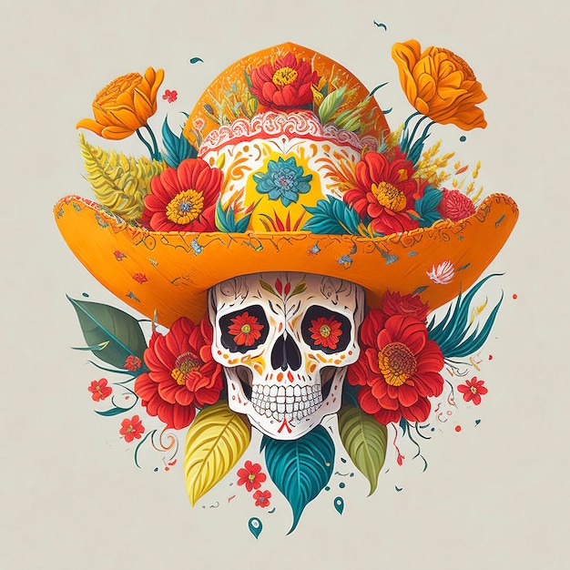 A skull with a yellow hat and flowers on it.