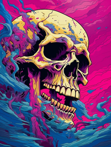 A skull with yellow teeth is on a purple background