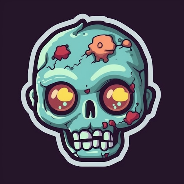 A skull with a zombie face and a red dot on it.