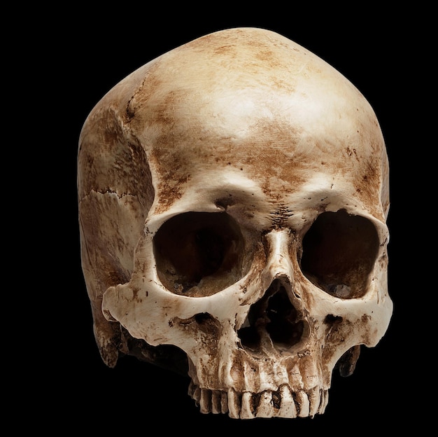 Skull without jaw. isolated on black background, with shadow