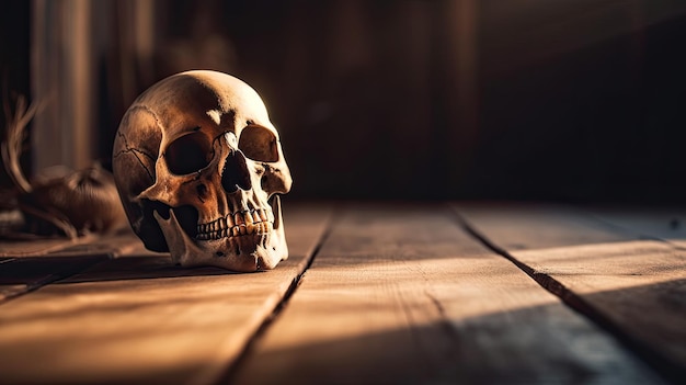 A skull on a wooden floor with a light shining on it.