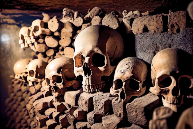 Skulls and bones in the ancient ossuary Naples Italy Generative AI