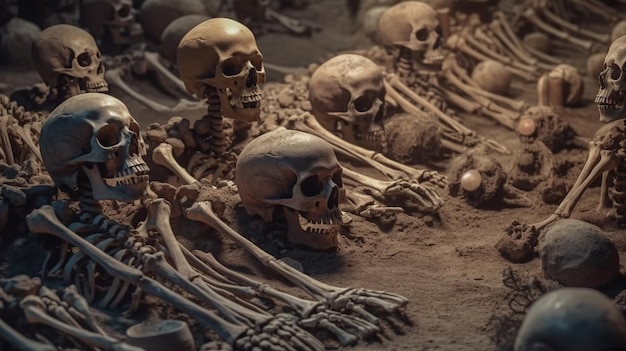 Skulls and bones at the archaeological site Generative Ai