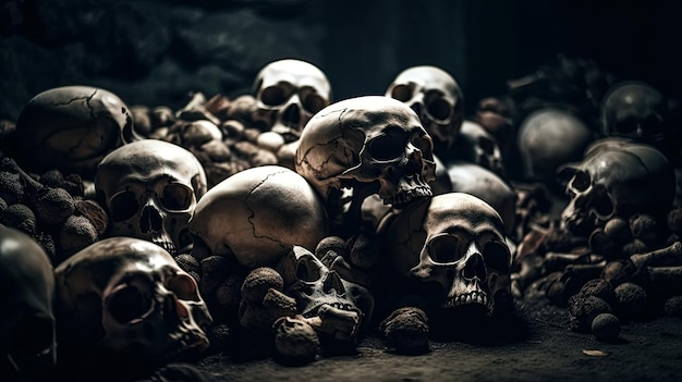 Skulls and bones of people killed in genocide war in crypt burial in cemetery