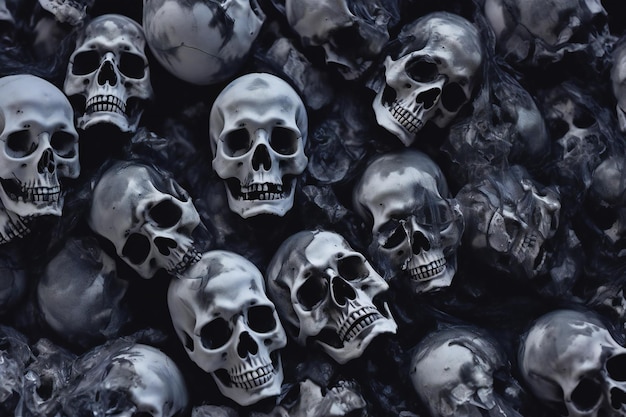 Photo skulls and bones in a pile of skulls halloween concept