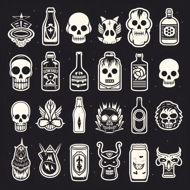 Skulls and bottles vector icons set on chalkboard background