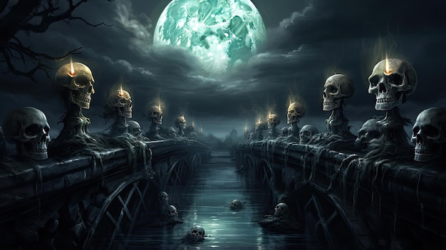 Skulls on a Bridge Over Moonlit Waters