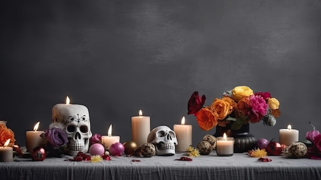 Черепа, свечи и цветы на черном фоне для распродажи Дня Мертвых