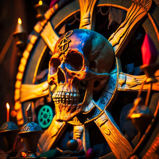 Skulls decorate the pirate steering wheel generative AI