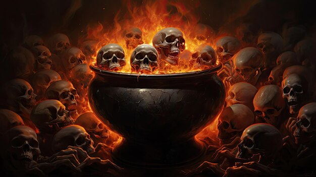 Photo skulls in the flames of a cauldron