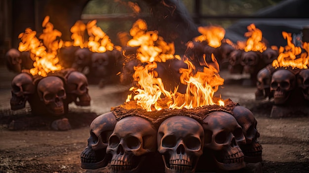 儀式的な火の穴の炎の中の頭蓋骨