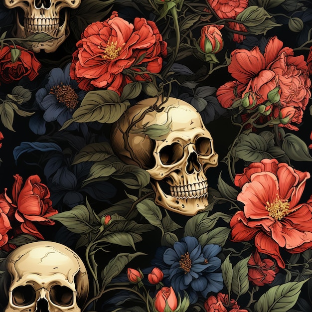 Skulls and flowers on a black background with red and blue flowers generative ai