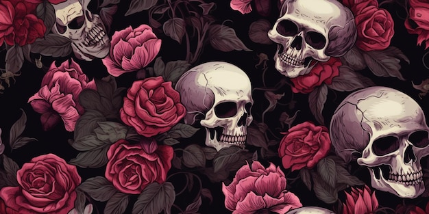 skulls and flowers negative colors pattern