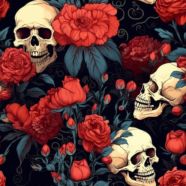 skulls and flowers seamless pattern