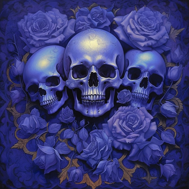 Skulls and roses are painted in a blue hued background generative ai