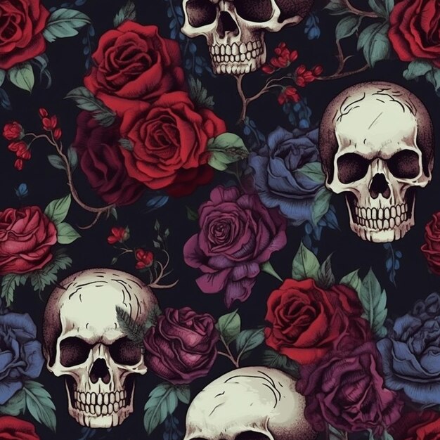 skulls and roses on a black background generative ai