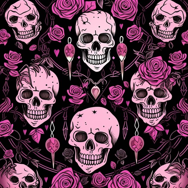 Skulls and roses on a black background with pink and black generative ai