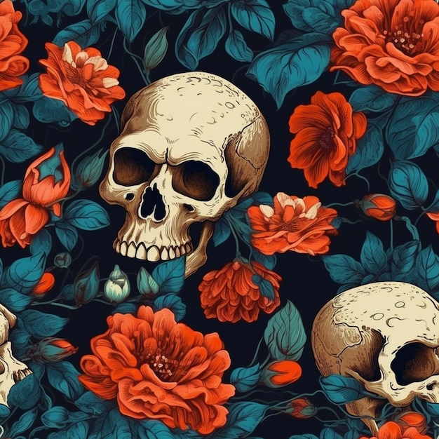 Skulls and roses on a dark background with red flowers generative ai