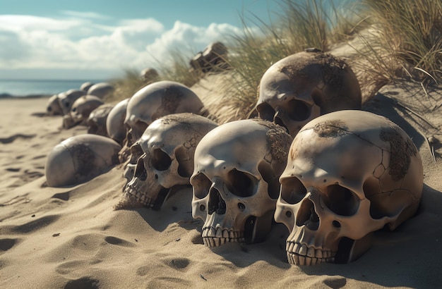 Skulls in the sand on a beach