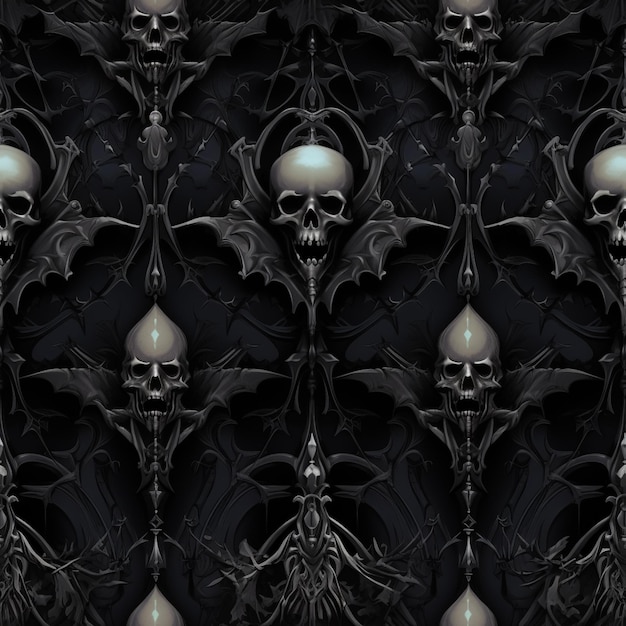 Foto crani e crani sono allineati contro uno sfondo nero generativo ai