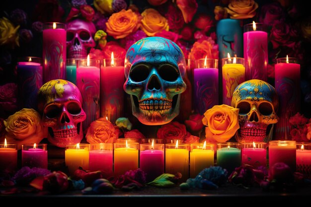 Skulls in the style of Day of the Dead with colorful painting surrounded by burning colored candles