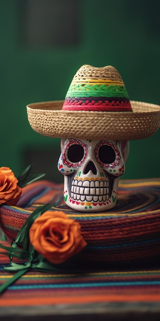 Skulls with hats Day of the Dead concept Generative AI
