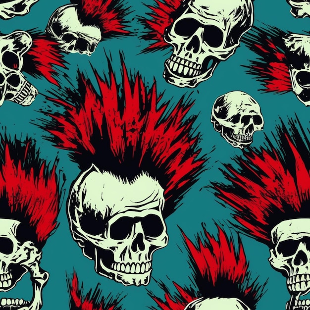 Skulls with mohawks and red hair on a blue background generative ai
