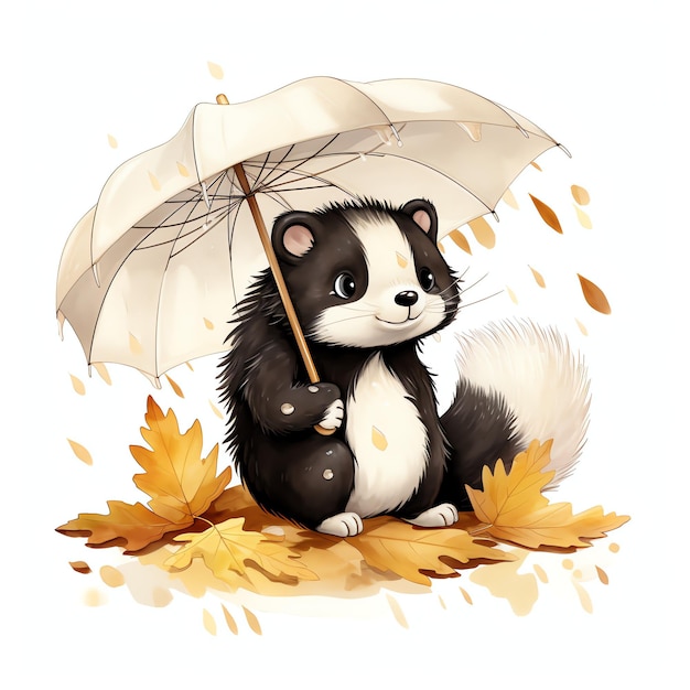 Skunk in autumn under umbrella