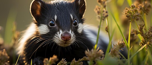 Skunk cautiously exploring its natural habitat