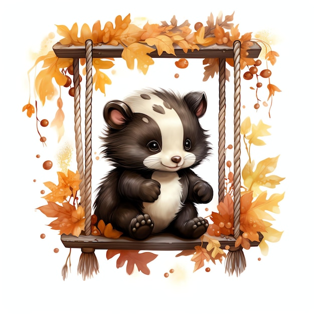 Skunk on swing in autumn woodland