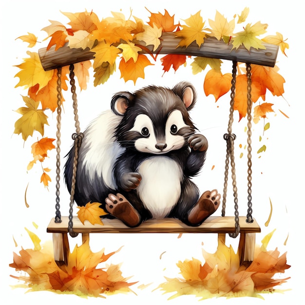 Skunk on swing in autumn woodland