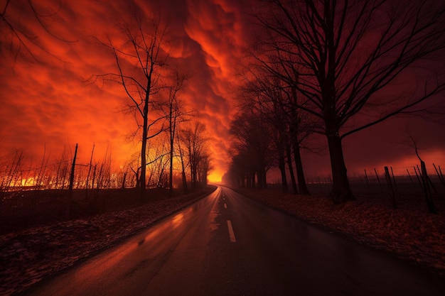 Foto il cielo è in fiamme con i colori di un tramonto di fuoco