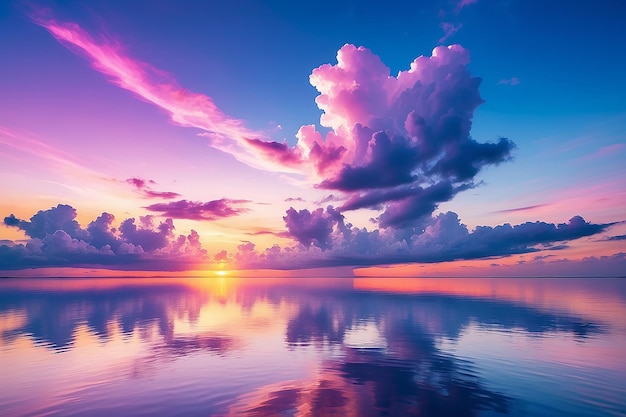 Sky background on sunset colorful clouds Nature abstract composition with reflections on sea water natural blue pink purple shades of skyline Nature environment