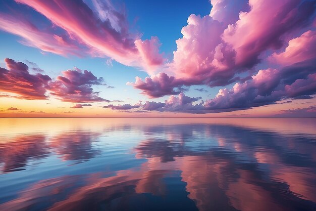 Sky background on sunset colorful clouds Nature abstract composition with reflections on sea water natural blue pink purple shades of skyline Nature environment