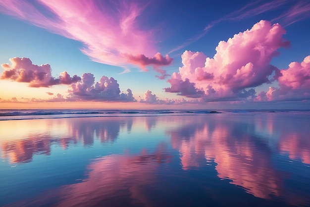 Sky background on sunset colorful clouds Nature abstract composition with reflections on sea water natural blue pink purple shades of skyline Nature environment