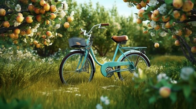 A sky blue green bike in a field of flowers