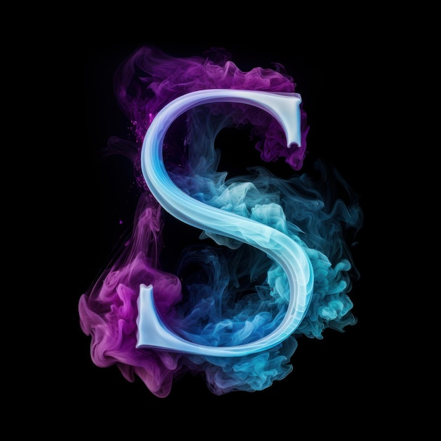 Photo sky blue letter s with blue and purple smoke on black background generative ai