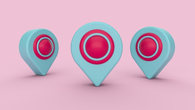 Sky Blue map pointer or location pin symbol isolated on pastel pink background 3d illustration