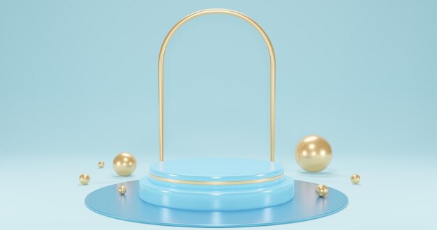 Photo sky blue product podium with pearls on sky blue background