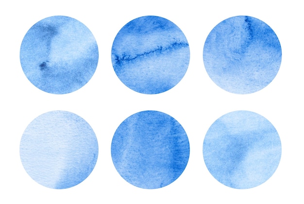 Набор небесно-голубых акварельных кругов Темно-синие круглые геометрические фигуры на белом фоне Пятна акварели на текстуре бумаги Абстрактное искусство Шаблон для вашего дизайна