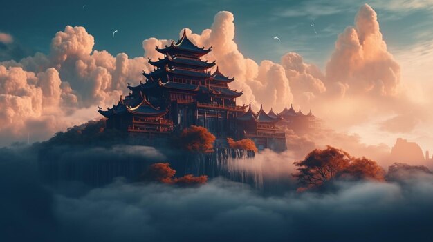 The sky above the clouds is a fantasy scene