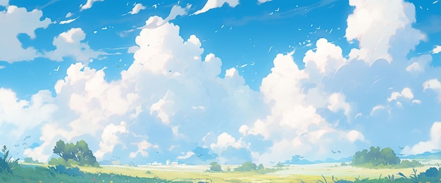 Небо, кучевые облака, луг, мягкий хлопок, плюшевый мультяшный стиль аниме
