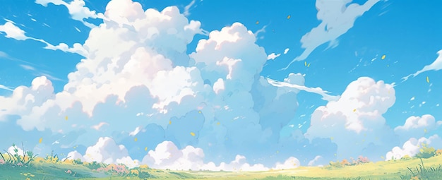 Photo sky cumulus clouds meadow soft cotton plush cartoon anime style