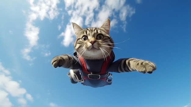 사진 하늘 다이버 고양이가 무서운 표정으로 하늘을 뛰어넘고 있습니다.