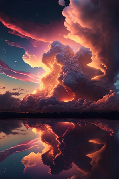 Небо, заполненное множеством облаков, рядом с водоемом, генерирующим искусственный интеллект