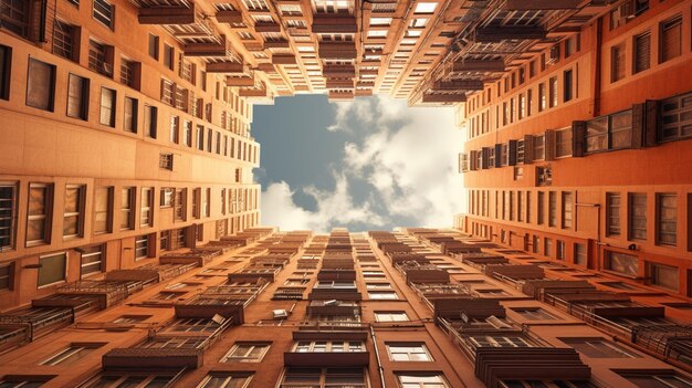 A sky full of clouds is seen through a building's bottom