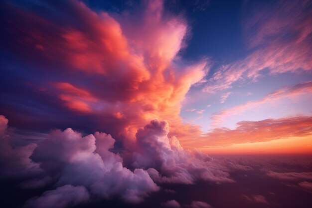 紫とオレンジの空と雲の間から太陽が輝く雲でいっぱいの空。