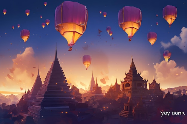 A sky full of hot air balloons floating above a city.