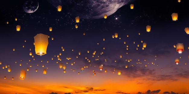 A sky full of lanterns with the moon in the background